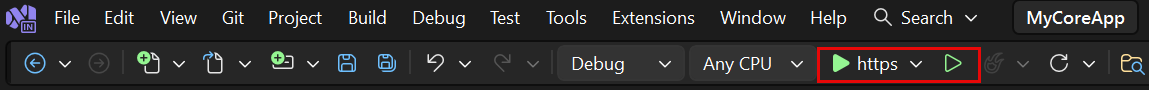 Screenshot shows the https button highlighted in the toolbar for Visual Studio.