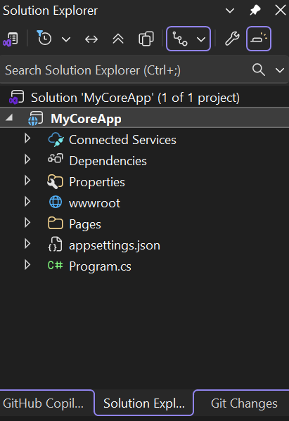 Screenshot shows the MyCoreApp project selected and its content in the Solution Explorer in Visual Studio.