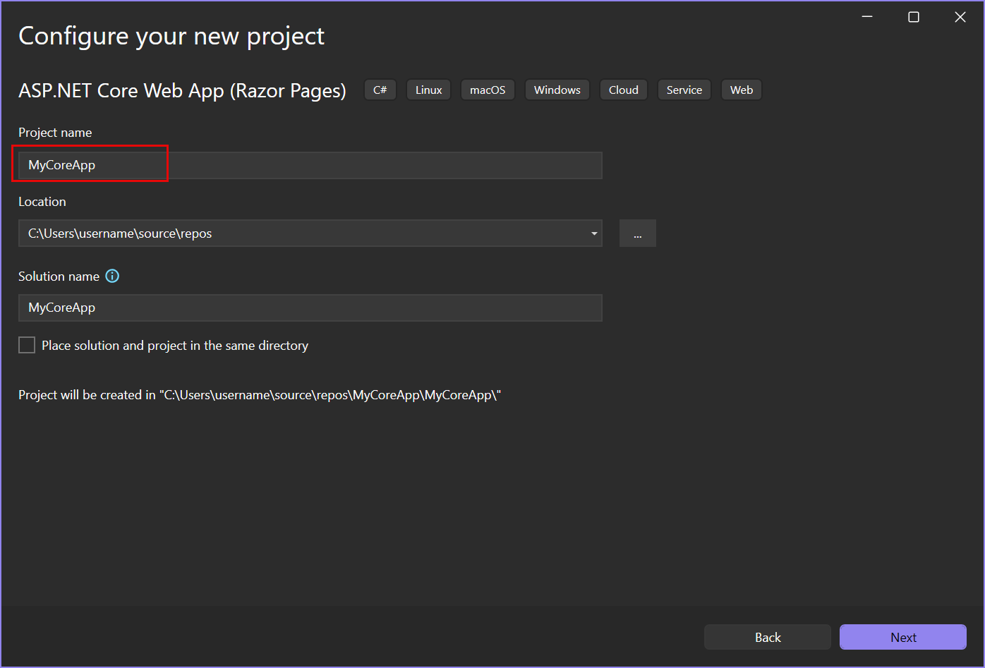 Screenshot that shows the Configure your new project window in Visual Studio with MyCoreApp entered in the Project name field.