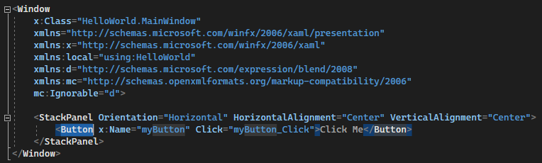 Screenshot&nbsp;showing 'Button' highlighted in the XAML editor.