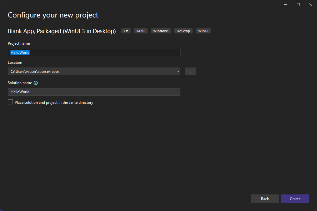 Screenshot of the 'Configure your new project' dialog in Visual Studio 2022 with 'HelloWorld' entered in the Project name field.