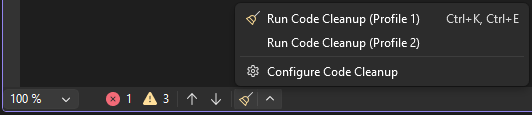 Screenshot showing the Code Cleanup icon and menu in Visual Studio.