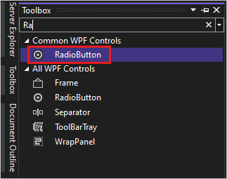 Screenshot showing the Toolbox window in Visual Studio 2022 with the RadioButton control selected in the list of Common WPF Controls.