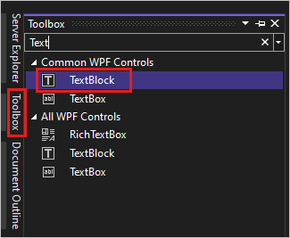 Screenshot showing the Toolbox window in Visual Studio 2022 with the TextBlock control highlighted in the list of Common WPF Controls.