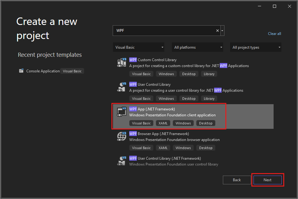 Screenshot of the 'Create a new project' dialog with 'WPF' entered in the search box, 'Visual Basic' selected in the languages list, and the 'WPF App (.NET Framework)' project template highlighted.