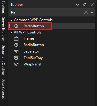 Screenshot showing the Toolbox window with the RadioButton control selected in the list of Common WPF Controls.