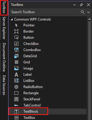 Screenshot showing the Toolbox window with the TextBlock control highlighted in the list of Common WPF Controls.