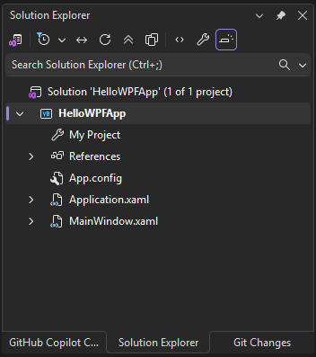 Screenshot showing the files in the HelloWPFApp project and solution in the Solution Explorer.