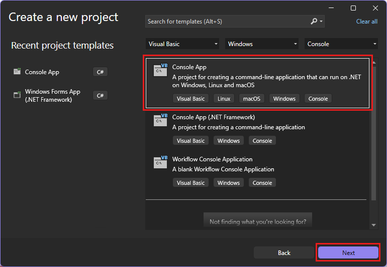 Screenshot showing the Create a new project window with 'console' in the search box, and 'Visual Basic' and 'Windows' selected for the Language and Platform filters, and the Console App project template selected.