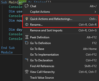 Screenshot of the Refactoring menu in Visual Studio.