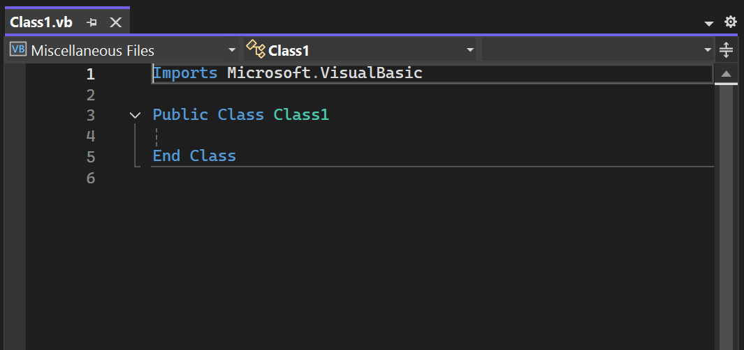 Screenshot of a new Visual Basic class file in the code editor of Visual Studio.