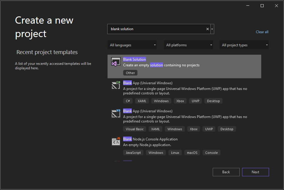 Screenshot showing the Create a new project window in Visual Studio 2022 with 'blank solution' in the search box and the Blank Solution project template selected.
