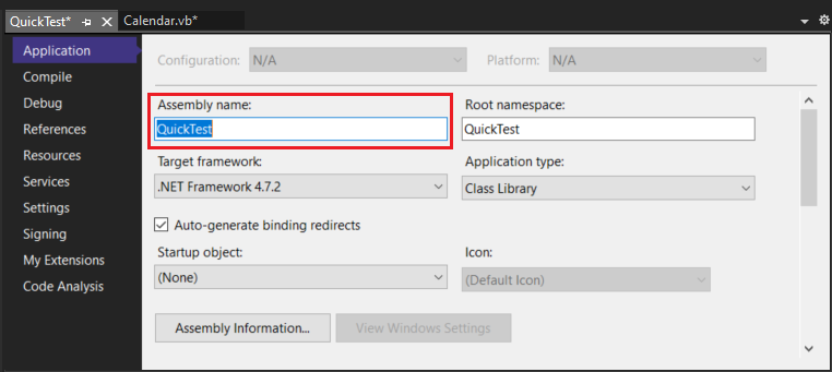 Screenshot showing the Application tab of the property pages for the QuickTest project with the Assembly name field highlighted and the value is QuickTest.