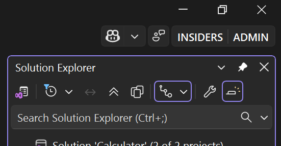 Screenshot showing ADMIN in top-right corner of Visual Studio.