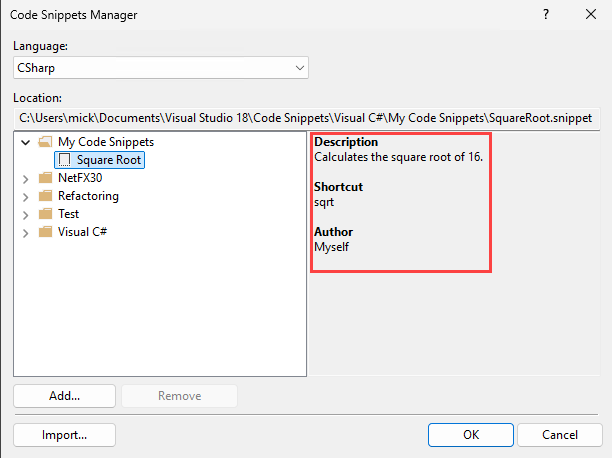 Screenshot showing a code snippet description in Code Snippet Manager.