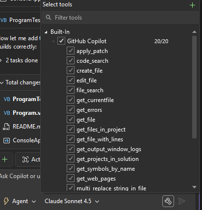 Screenshot that shows the tool selector for the Copilot agent.