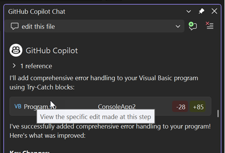 Screenshot that shows accessing individual edit diffs with the Copilot agent.