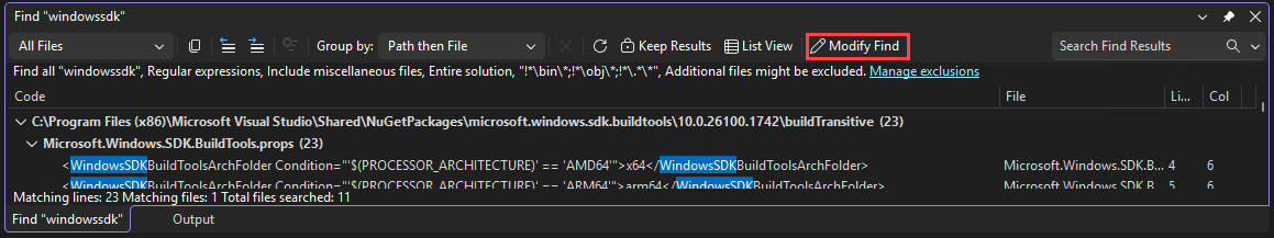 Screenshot showing the Modify Find button and search criteria you can modify.