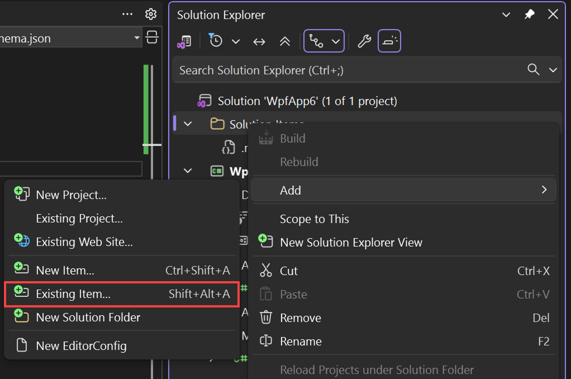 Screenshot of adding the MCP configuration file location to Solution Items.