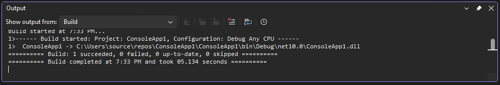 Screenshot of the Output window in Visual Studio showing output messages from building your project and from your source control provider.