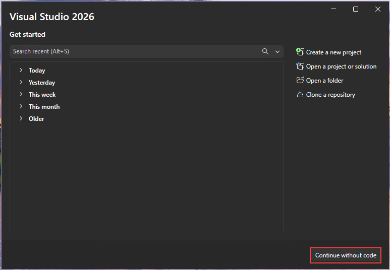 Screenshot of the Start window with the Continue without code option selected.