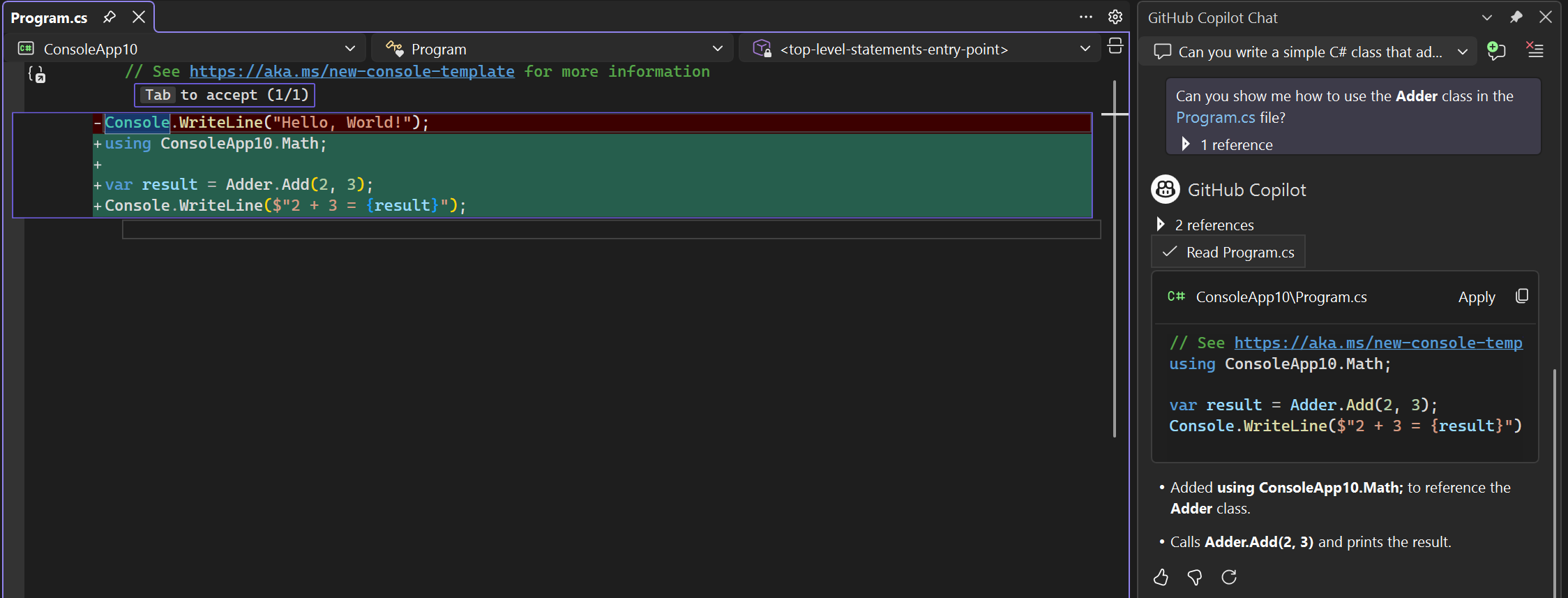 Screenshot of code suggestions in diff view in the editor window.