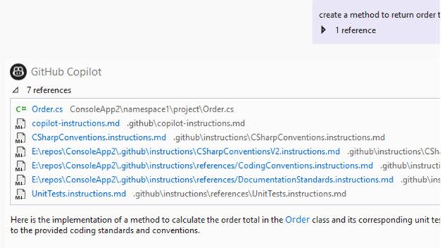 Screenshot of the References list showing custom instruction files that Copilot uses.
