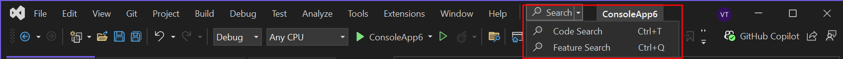 Screenshot of the Search box in Visual Studio 2022.