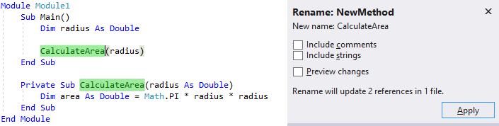 Screenshot of Visual Basic code for the Main Sub. A method name is highlighted and the Rename popup window is open.