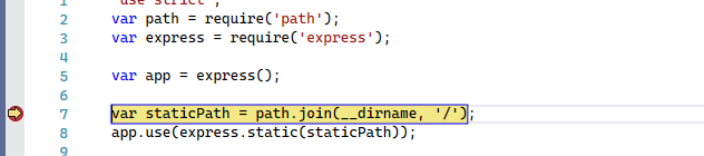 Screenshot of the Visual Studio Code window showing JavaScript code. A red dot in the left gutter with yellow arrow indicates pause of execution of code.