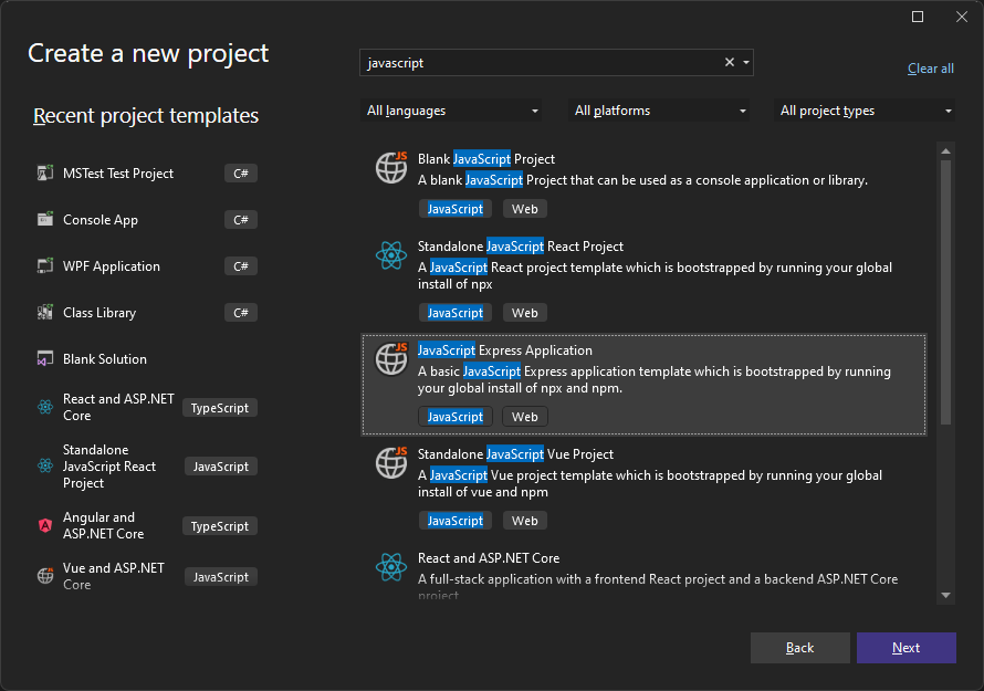 Screenshot that shows how to use the 'Search for templates' filter to find JavaScript templates in the Visual Studio 2022 Start Window.
