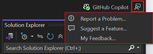 Screenshot that shows how to access the Send Feedback menu in Visual Studio.