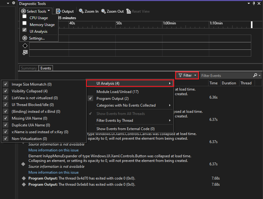 Screenshot that shows the UI Analysis and Filter menu items.