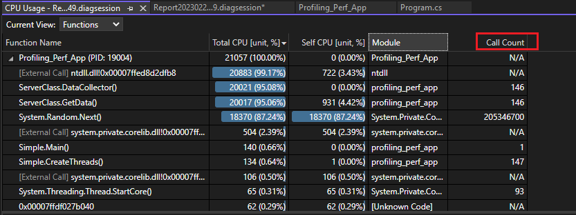 Settings for CPU Usage. Screenshot that shows call count data.