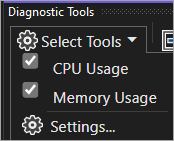 Screenshot of the Diagnostic Tools window with the Memory Usage tool selected in the Select Tools dropdown.