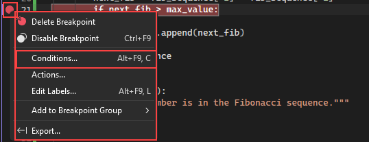 Screenshot that shows how to select the option to configure Conditions for a breakpoint in Visual Studio.