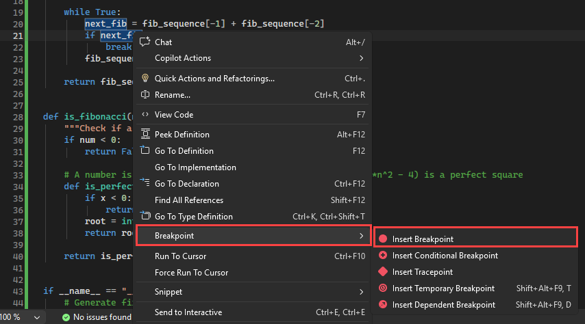 Screenshot that shows how breakpoints are displayed in the left margin of the code file in Visual Studio.