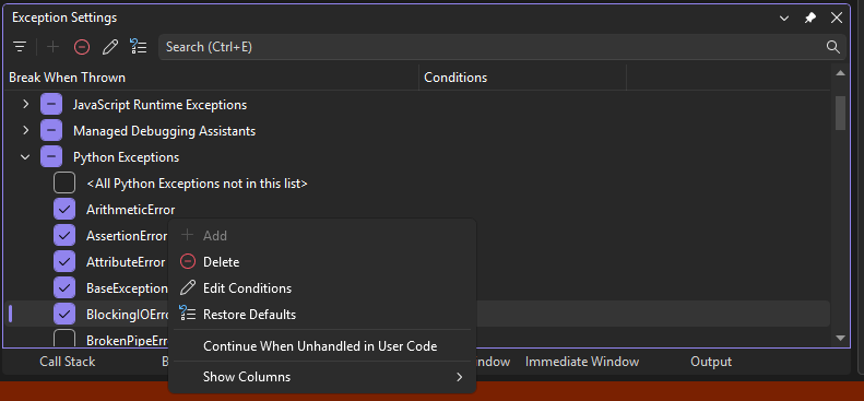 Screenshot that shows the Exceptions Settings window in the Visual Studio debugger.