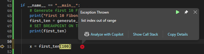 Screenshot that shows an Exception popup for an unhandled error in the Visual Studio debugger.