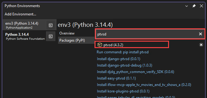 Screenshot that shows how to check the ptvsd version in the Python Environments window.