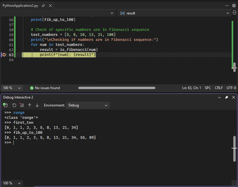 Screenshot that shows how to work with the Python Debug Interactive window in Visual Studio.