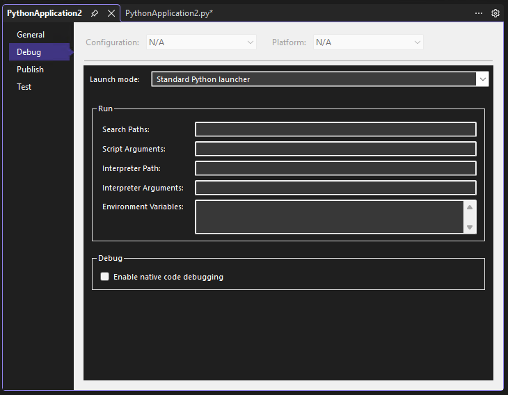 Screenshot that shows the Python project debug properties in the Visual Studio debugger.
