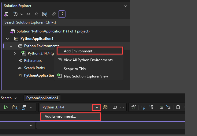 Screenshot that shows the two options to access the Add Environments feature in Visual Studio.