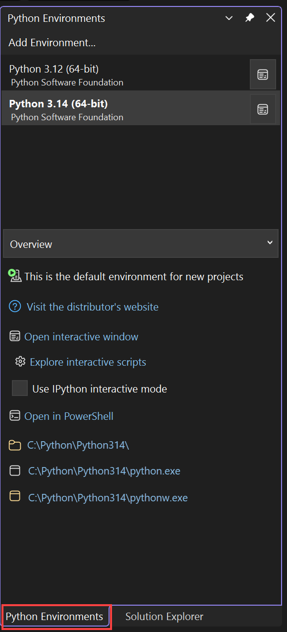 Screenshot of the Python Environments window.