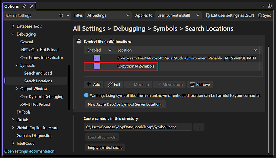 Screenshot that shows how to specify the location of the Python mixed mode debugger symbols.