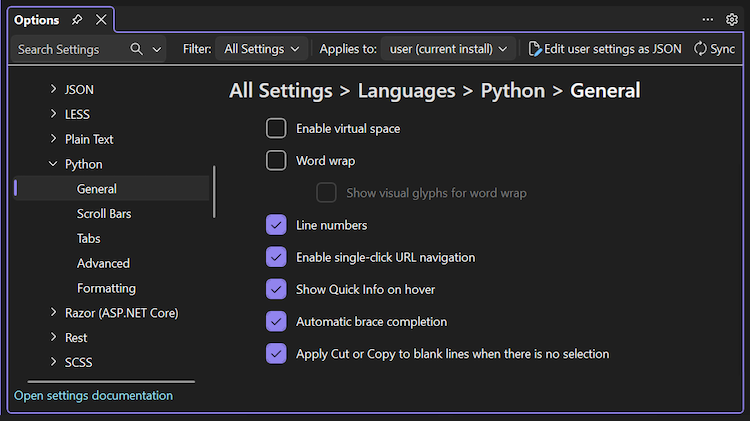Screenshot that shows the categories of language options for Python and specific general options in Visual Studio 2026.