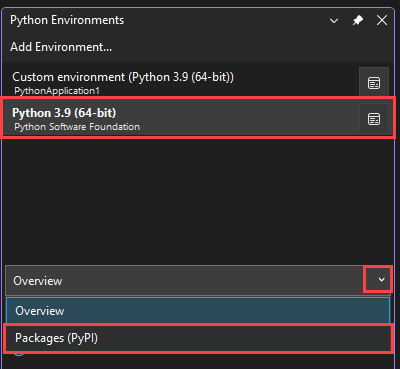 Screenshot that shows how to select the Packages PyPI option for the selected environment to see the installed packages.