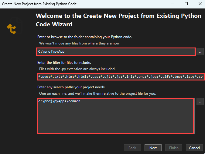 Screenshot of a New Project creation from Existing Code, including choosing the folder path, file type filters, and search paths in Visual Studio.