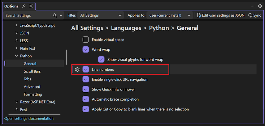 Screenshot that shows how to enable line numbering in the editor with the Languages Python General Line numbers option.