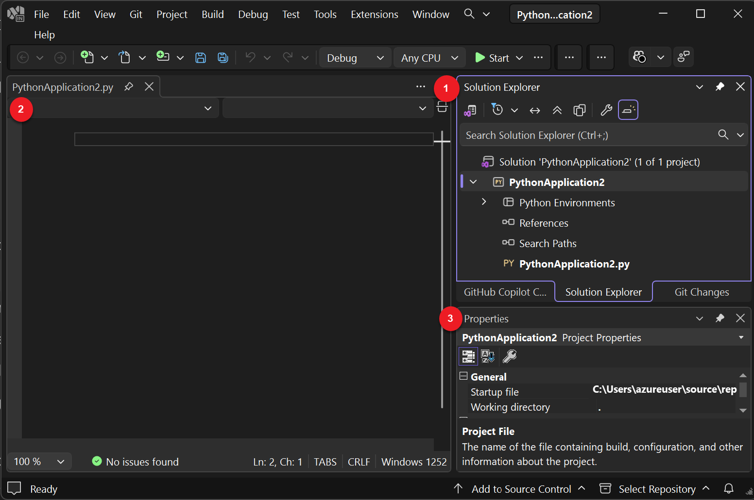Screenshot that shows the new project open in Visual Studio.
